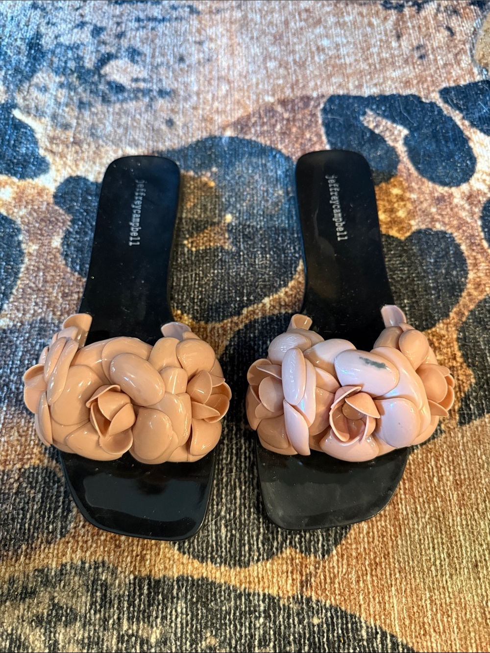 Jeffrey Campbell Black Slide Mules with Nude Floral Rosettes